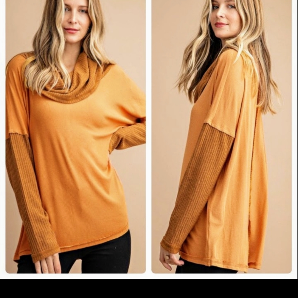 Contrasting fabric cowl neck tops stunning